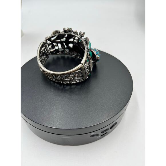 Panda Blue Green Enamel Rhinestone Crystals Hinged Animal Theme Bangle - Picture 7 of 7